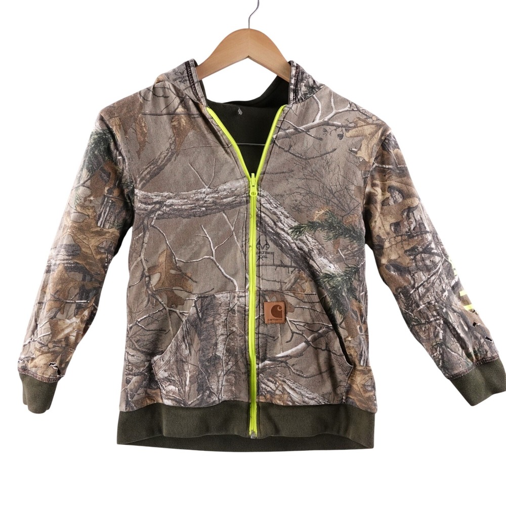 Kids Carhartt Full Zip Hoodie Jacket Camo Lined Green Yellow Zip Size Youth‎ L